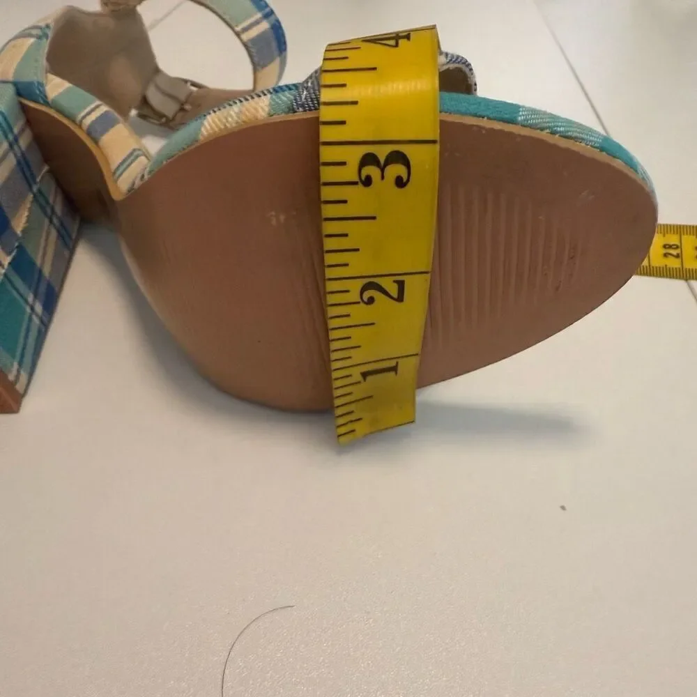 Dolls Kill Mojito Just Flawless Blue & Yellow Plaid Block Heel Sandals Sz 5/6